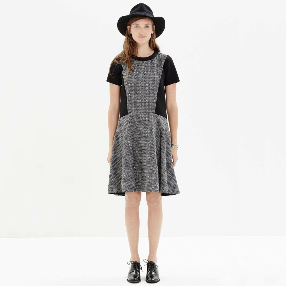 Madewell Size 0 Textured Tribune Dress Black Gray Tweed Short Sleeve
